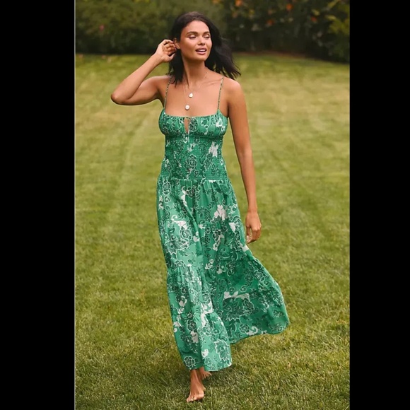Anthropologie Josephine Smocked Drop-Waist Tiered Cotton Maxi Dres - Picture 1 of 4